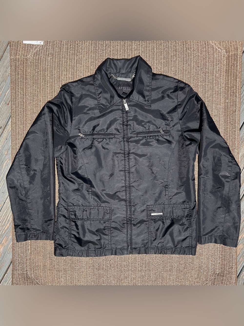 Express World Brand Vintage 90s Black Tech Zipper Utility Cargo Jacket Small